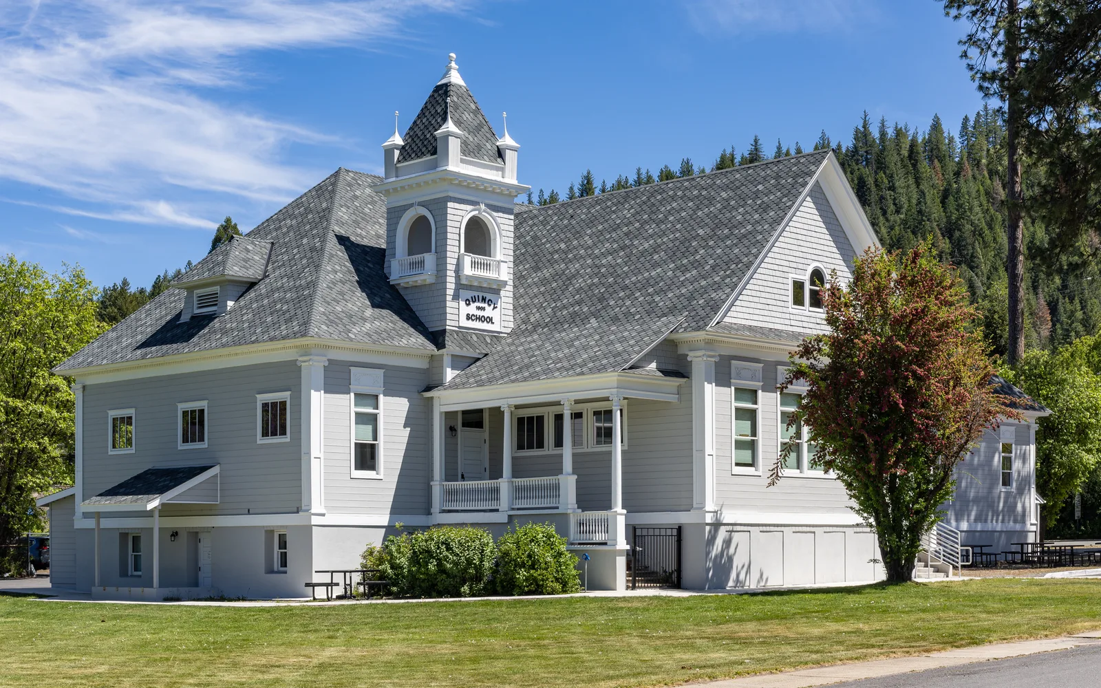 The 1905 Quincy Grammar School building, a brick and wood historic structure in downtown Quincy, California